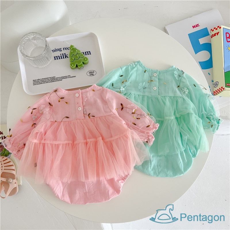 Áo Liền Quần Tam Giác Tay Dài Vải Lưới Mềm Thêu Họa Tiết Thổ Cẩm Dễ Thương Cho Bé Gái Sơ Sinh