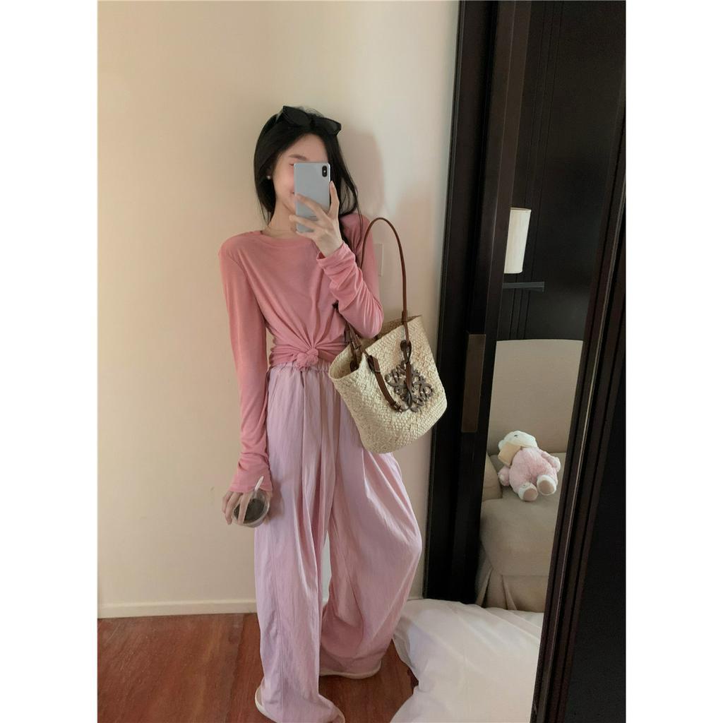 Cocory vn Bộ Áo Thun Tay Dài Cổ Tròn + Quần Ống Rộng Thời Trang Hàn Quốc Dành Cho Nữ