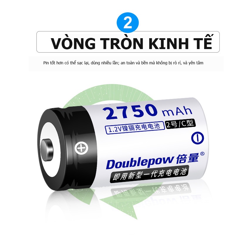 Pin sạc lại cỡ trung đại Size C (số 2) 2750mAh Doublepow chuyên dùng cho bình nước nóng, bếp gas...