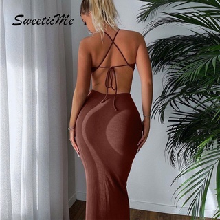 SweeticMe Mới Gợi Cảm Dây Đeo Cổ Slim Fit Đầm Không Tay