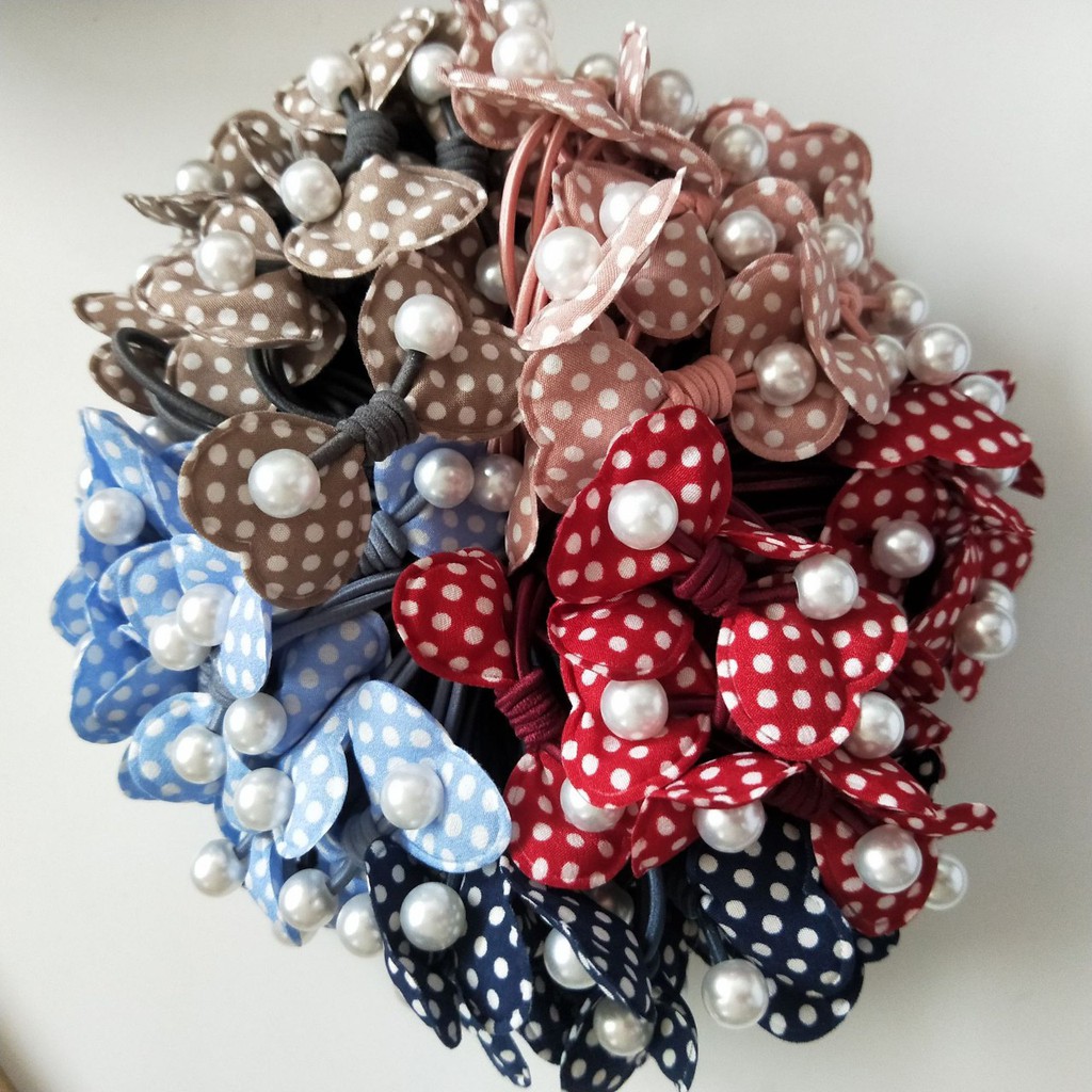 Dây buộc tóc cột tóc chấm bi cánh bướm kèm hạt châu cho bạn gái