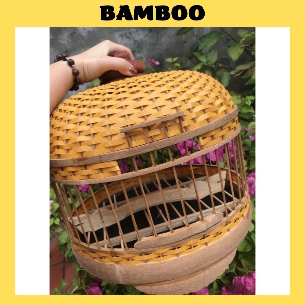 Lồng nuôi chim cu gáy Bamboo lồng gáy tròn nóc đan kèm phụ kiện cao cấp