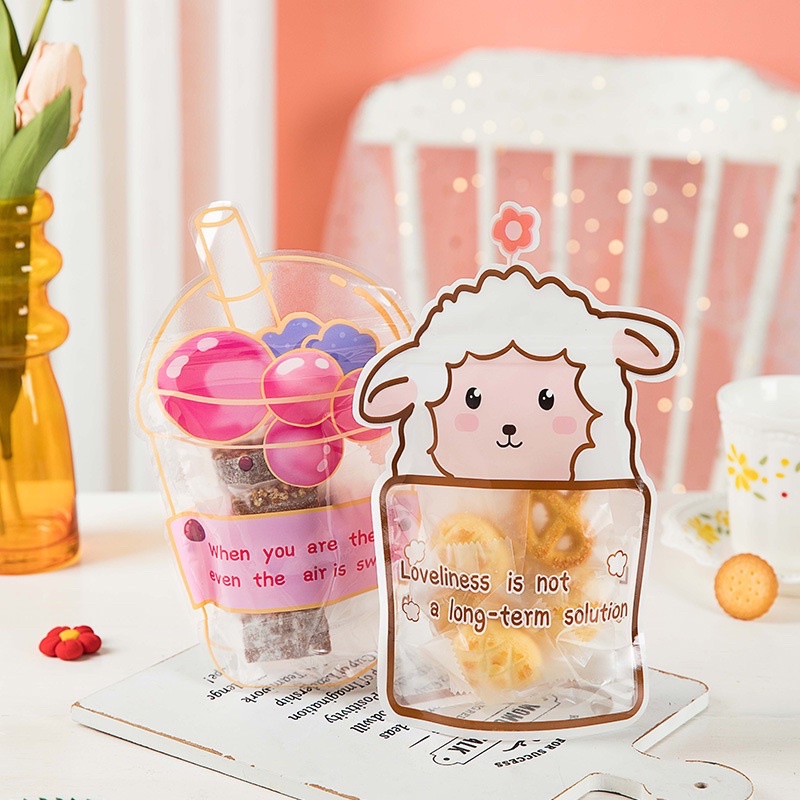 set 10 túi zip đựng bánh kẹo hình cừu con, ly trà sữa size 15 x 23.7 cm