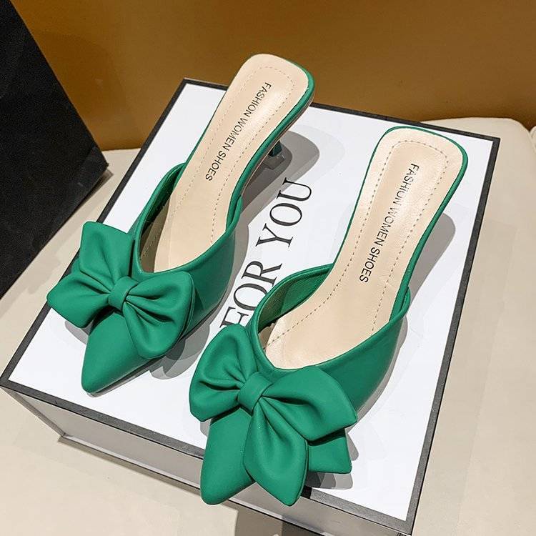 Women's closed-toe slippers fashion 2022 French niche pointed heel bow sandals tjjjt