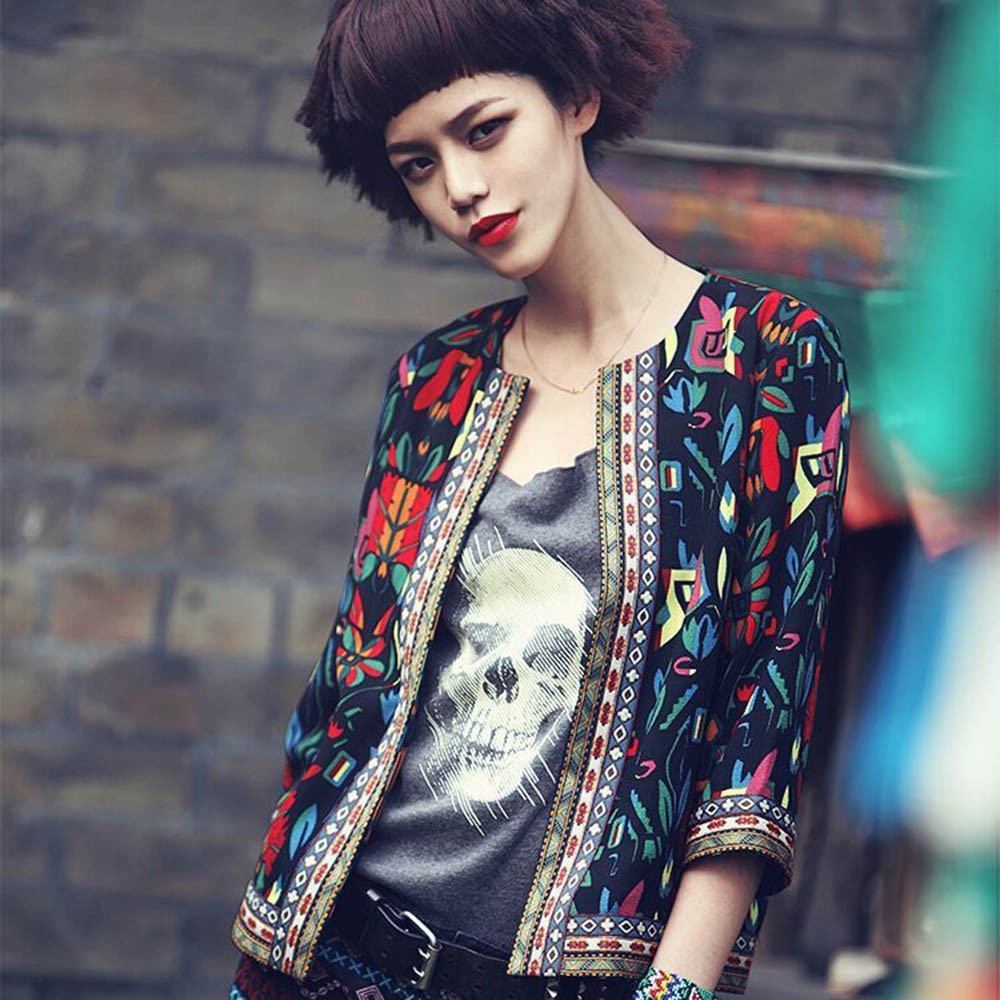 Áo Khoác Nữ Dáng Ôm Tay Lửng Họa Tiết Hoa Phong Cách Vintage