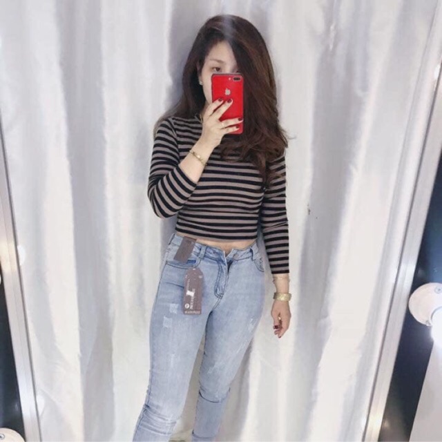 [Mã FASHIONT4WA2 giảm 10K đơn 50K] Áo len gân croptop sọc tay dài ( hình thật ) | BigBuy360 - bigbuy360.vn