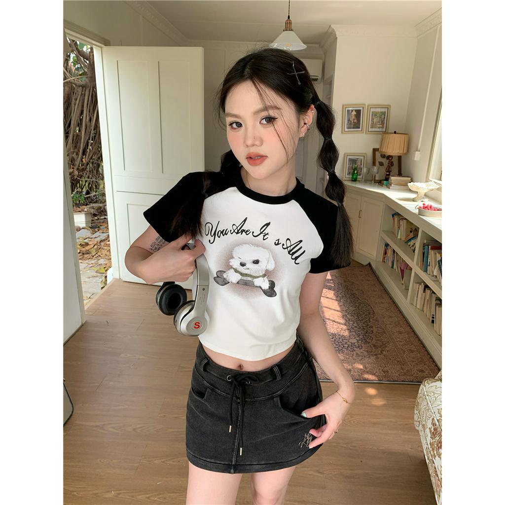 Ethelgirl Áo Thun Croptop Tay Ngắn Dáng Ôm In Họa Tiết Hoạt Hình Phong Cách Mỹ Cổ Điển Thời Trang Cho Nữ