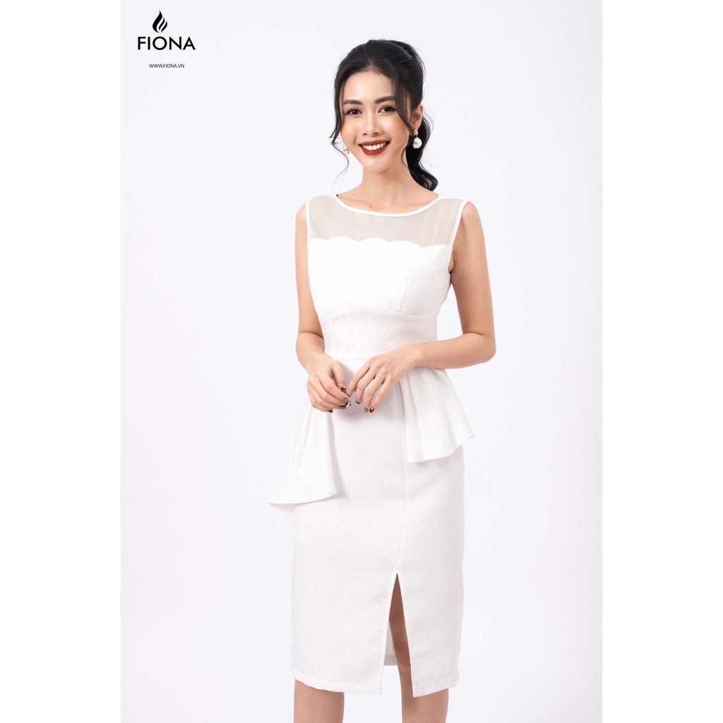 Đầm nữ ôm FIONA, Đầm dự tiệc màu trắng phối lưới chất liệu gấm cao cấp F451010
