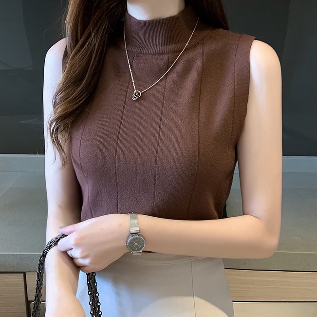 Áo Thun Dệt Kim Len Lụa Mềm Mát Mẻ Mùa Hè Không Tay Cổ Cao Thời Trang Hàn Quốc Cho Nữ