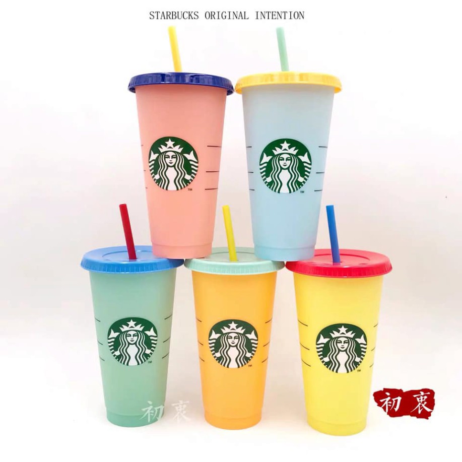 Sét 5 cốc nhựa Starbucks đựng nước đổi màu tặng kèm nắp và ống hút . .