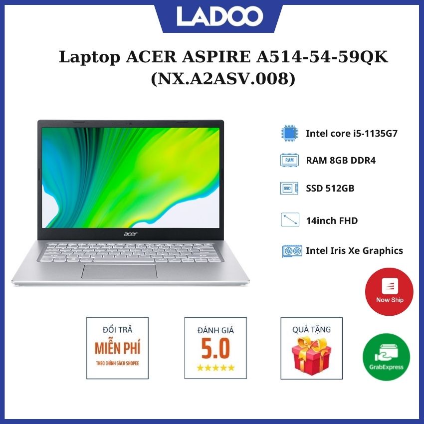 Laptop ACER ASPIRE A514-54-59QK (NX.A2ASV.008)/ Vàng/ Core i5-1135G7/ RAM 8GB/ 512GB SSD/ 14inch FHD/ 3Cell/ Win 11SL