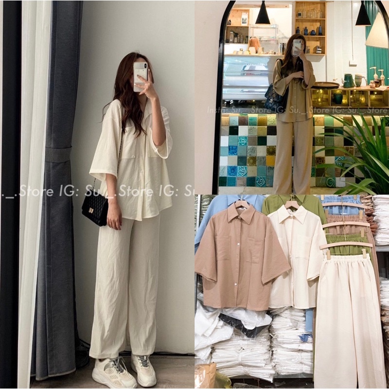[NEW]SET ÁO ĐŨI XỐP TAY LỠ MIX QUẦN ỐNG RỘNG BASIC NĂNG ĐỘNG