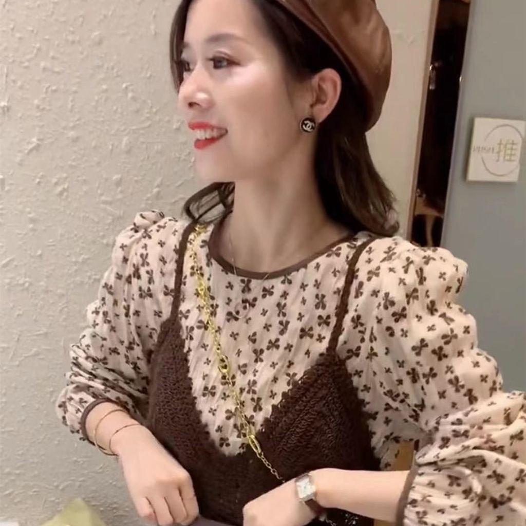 Set áo sơ mi tay dài họa tiết hoa + áo khoác voan thời trang mùa thu mới 2021