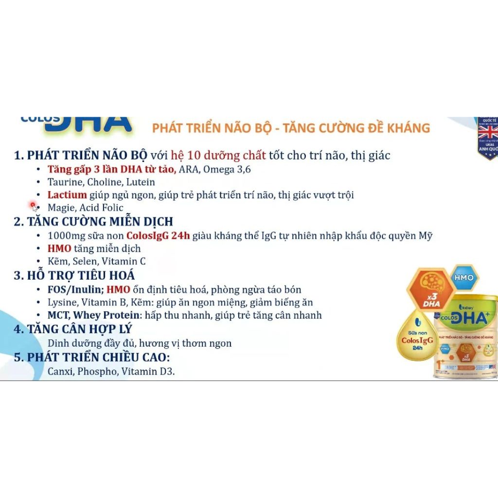 Sữa bột VitaDairy Colos DHA + phát triển não bộ, tăng cường đề kháng Số 1+ hộp 800g