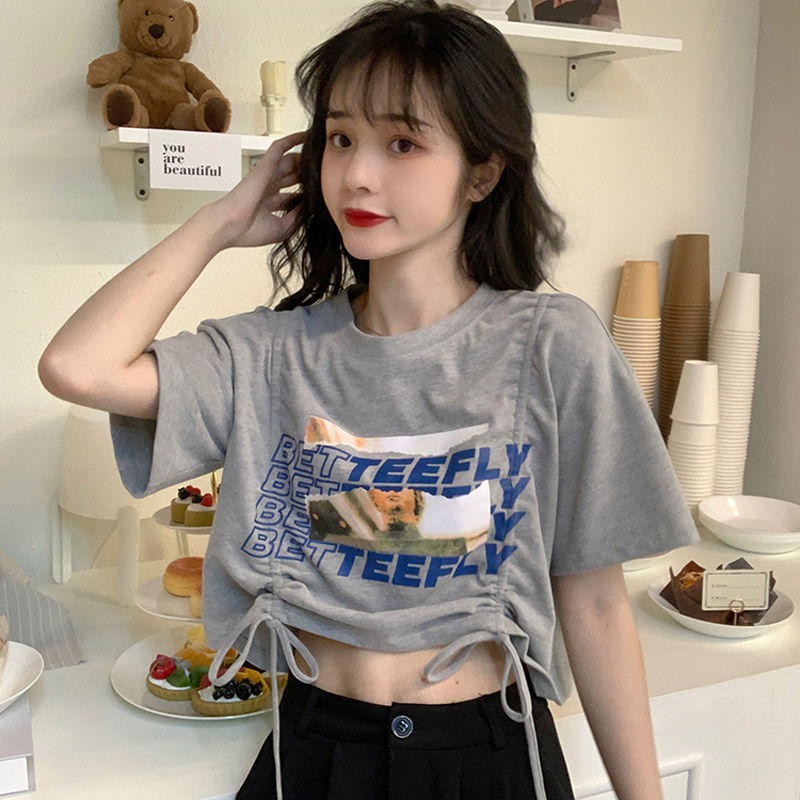 Áo Thun Ngắn Tay Phối Dây Rút Cá Tính Dành Cho Nữ