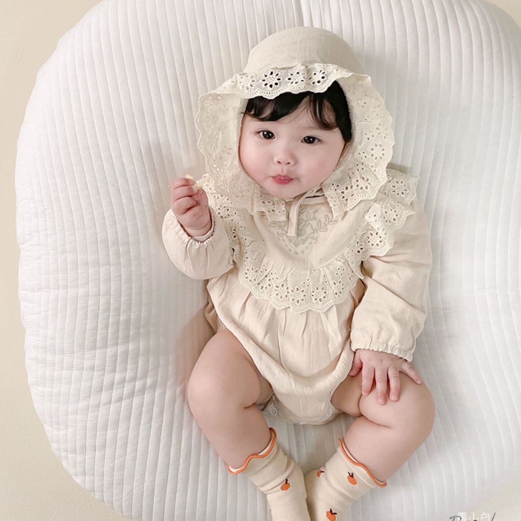 Set Áo Liền Quần &amp; Quần Dài &amp; Mũ Trùm Đầu Thêu Ren Cho Bé Gái Sơ Sinh