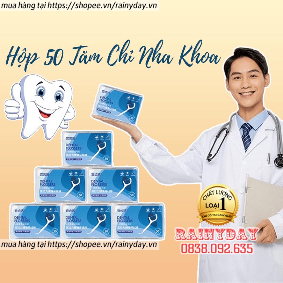 Hộp 50 tăm chỉ nha khoa, tăm xỉa răng sợi chỉ mảnh nhỏ tiệt trùng vệ sinh răng miệng - 50 chiếc