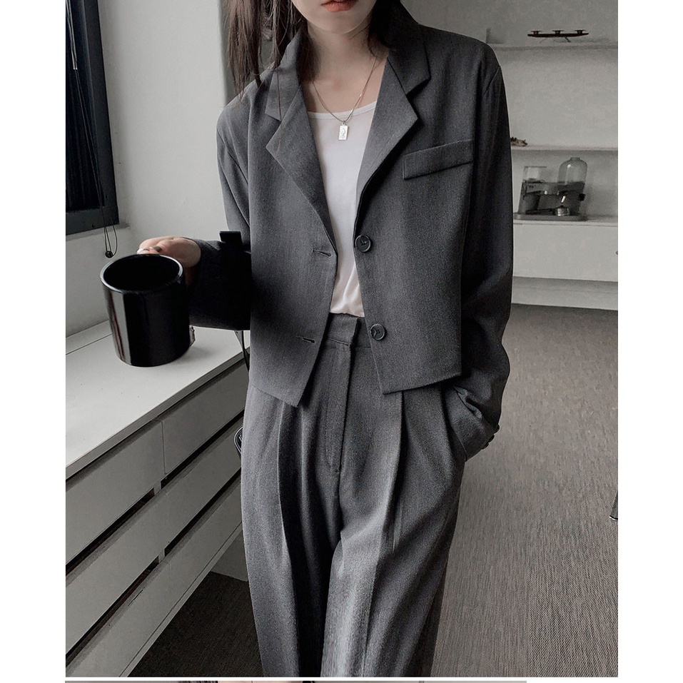 Set Áo Khoác Ngắn Dáng Rộng + Quần Dài Eo Cao Phong Cách Mới 45630