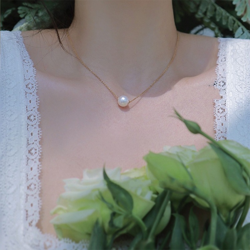 Vòng cổ xích vàng gắn ngọc trai đơn giản cho nữ