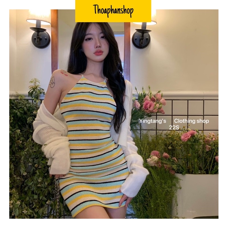 SET ĐẦM YẾM BODY KẺ SỌC + KHOÁC TRẮNG[kèm ảnh thật ]