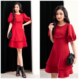 Đầm đỏ phối bèo, váy dạo phố, váy dự tiệc, váy vintage vnxk phong cách hàn quốc