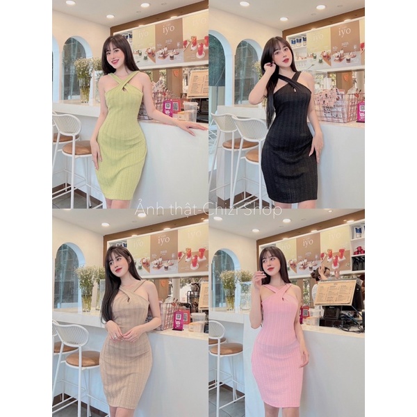 [Mới Nhất] Đầm, Váy Body Dáng Chữ A Sexy Yếm Choàng Cổ Đủ Màu Hot Trend Màu Xanh Cốm, Hồng, Nude, Trắng, Chizi Shop