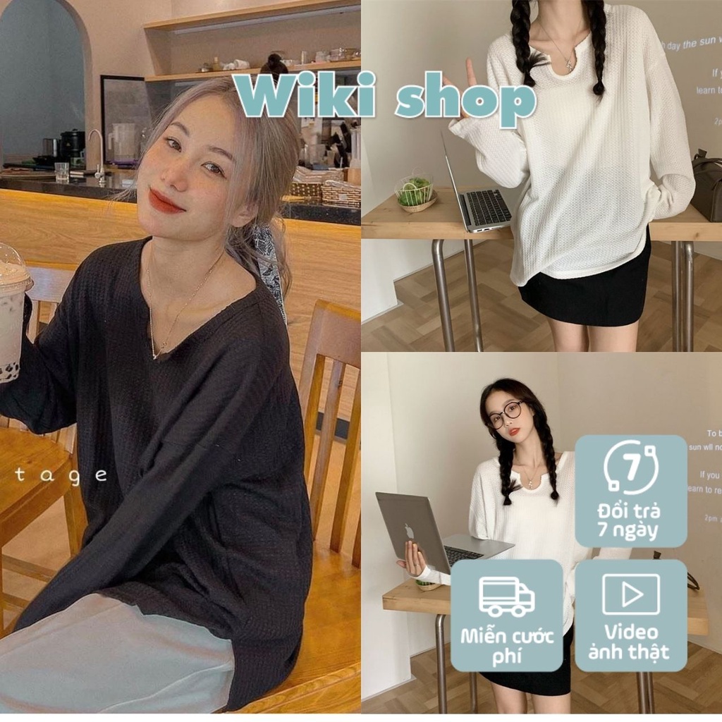 Áo thun dài tay nam nữ vải tổ ong khoét cổ Wikishop đen trắng hàn quốc basic oversize mùa thu đông local brand C544