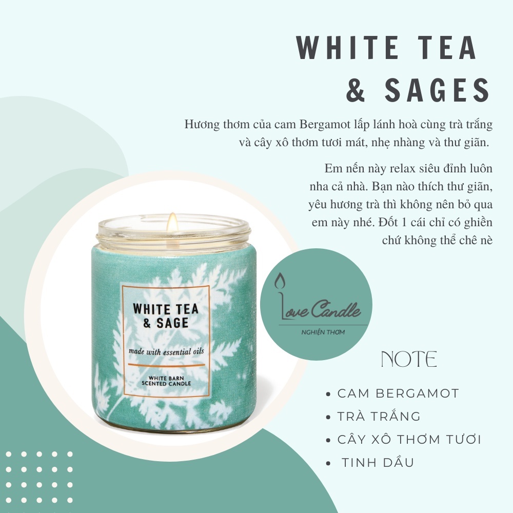 Nến thơm Bath & Body Works WHITE TEA & SAGE 1bấc 198g