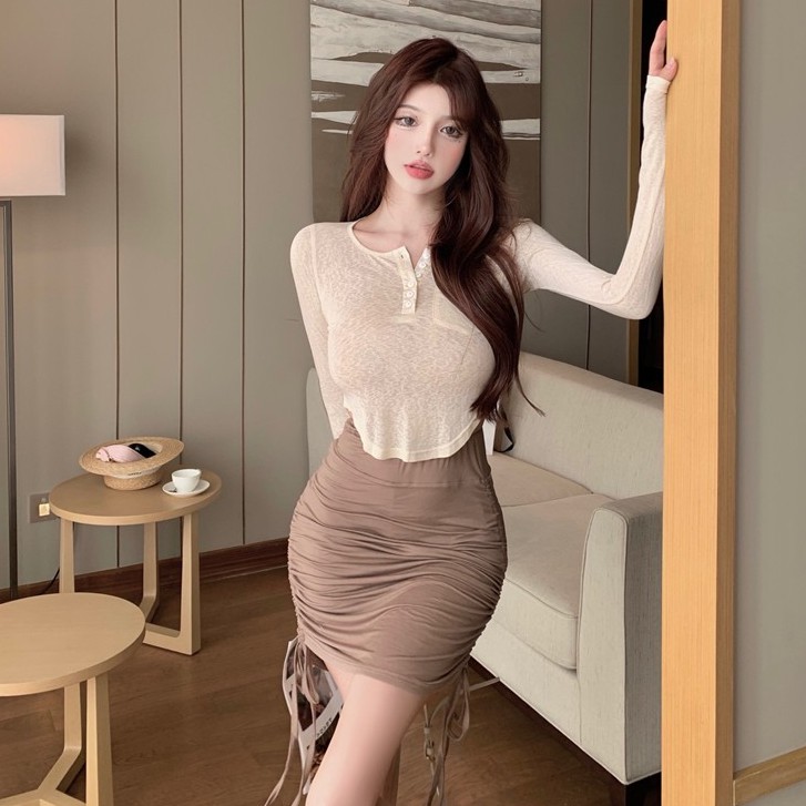Áo lửng dài tay màu trơn gợi cảm và chân váy thắt dây lưng cao thời trang dành cho nữ (bán lẻ)