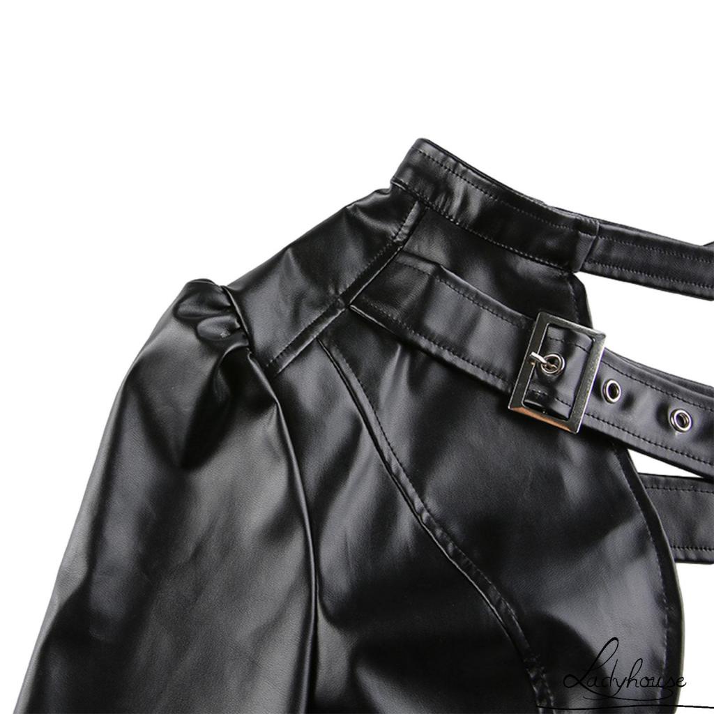 Áo Croptop Tay Dài Phối Dây Da Phong Cách Punk Cá Tính Cho Nữ