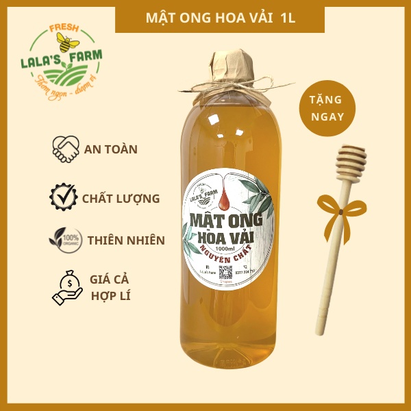 Mật ong nguyên chất hoa vải LaLa’s Farm chai 1L (tặng que khuấy mật)