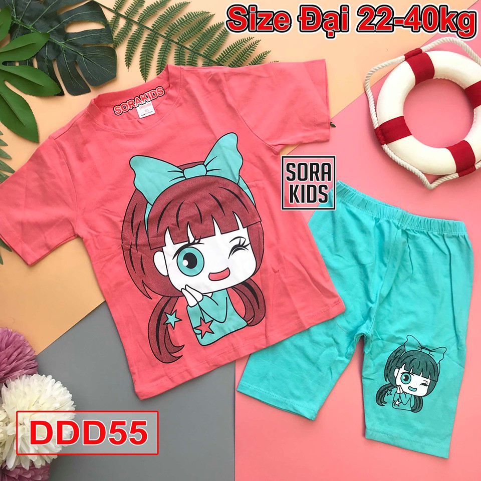 Bộ quần áo cotton ngố hình in thú dễ thương cho bé gái 2-10 tuổi Sorakids size từ 19-40 kg