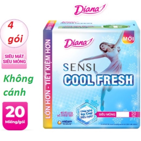 Bịch 4 Gói 20 Miếng x 23cm Băng vệ sinh Diana Sensi Cool Fresh siêu mỏng không cánh