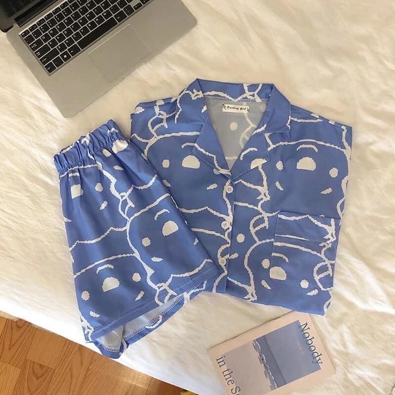 Bộ Đồ Ngủ Pijama Nữ Mặc Nhà Áo Ngắn Tay Quần Đùi Đẹp Vải Kate Thái Hoạ Tiết Cute