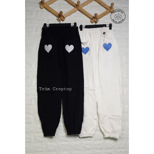Quần Jogger Nữ Tim Thêu Form Unisex , Quần Ống Rộng Bo Chun