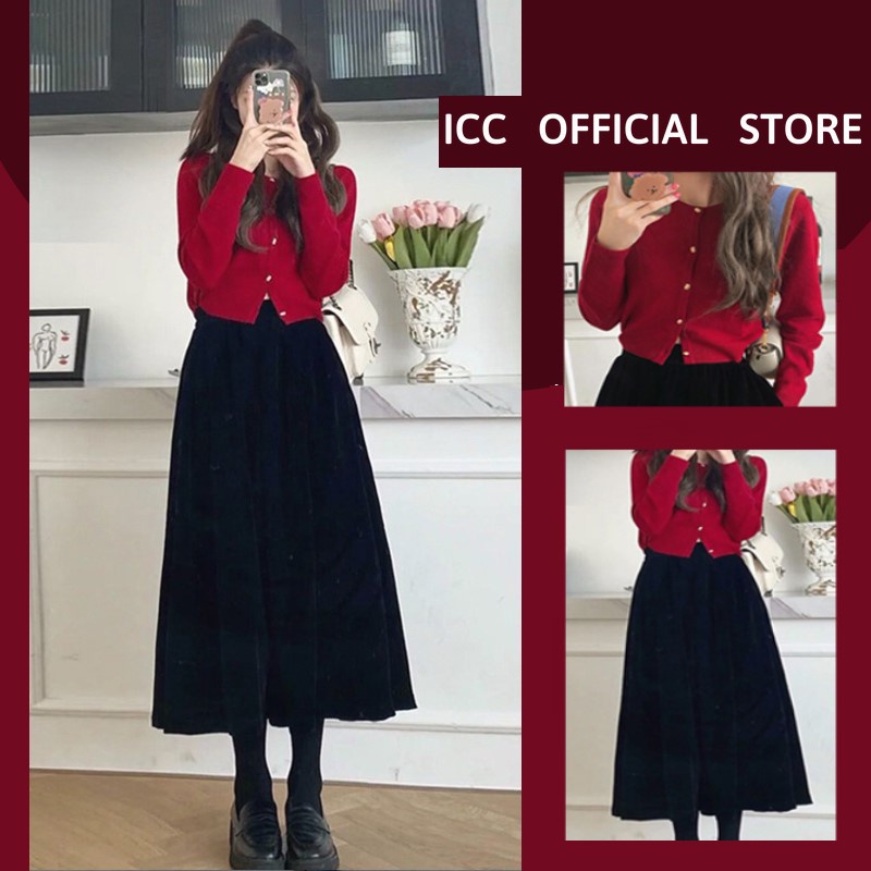 [ORDER] Set Áo Len Váy Dài Tay + Váy Nhung Đen Dáng Dài Mùa Thu Phong Cách Hàn Quốc AC058 ICC Official Store