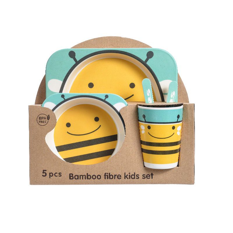 (LOẠI TỐT XUẤT NHẬT)Set Khay Ăn Dặm Cho Bé, gồm 5 món, chất liệu sợi tre an toàn cho sức khỏe, nhiều họa tiết ngộ nghĩnh