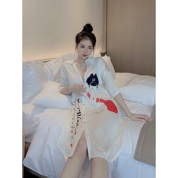 Đầm Váy Ngủ Sơ Mi Hình Dễ Thương