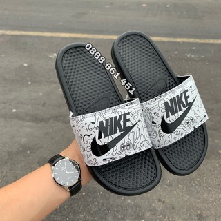 (mẫu mới - kèm hộp) dép quai ngang nike hoạt hình màu trắng đen dành cho nam nữ