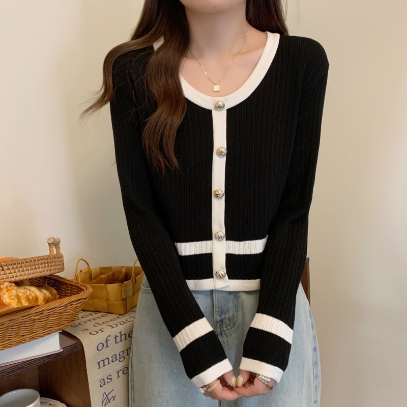 Áo Sweater Tay Dài Cổ Tròn Phối Màu Tương Phản Trẻ Trung Phong Cách Hàn Quốc