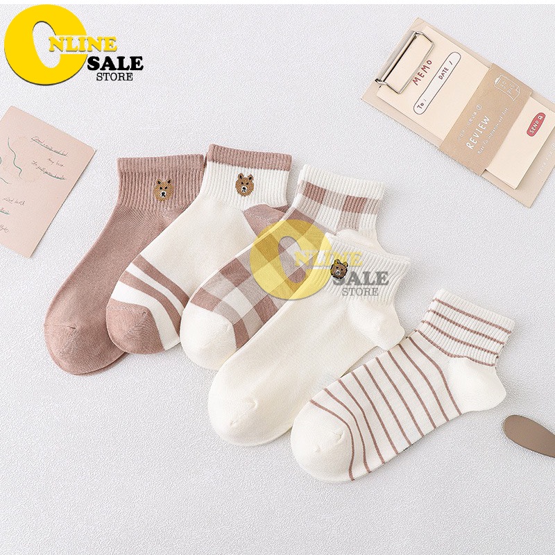 Combo 5 Đôi Tất Vớ Nữ Gấu Brown Cổ Ngắn Vintage Chất Liệu Cotton Phong Cách Hàn Quốc [TẶNG KÈM TÚI ZIP]