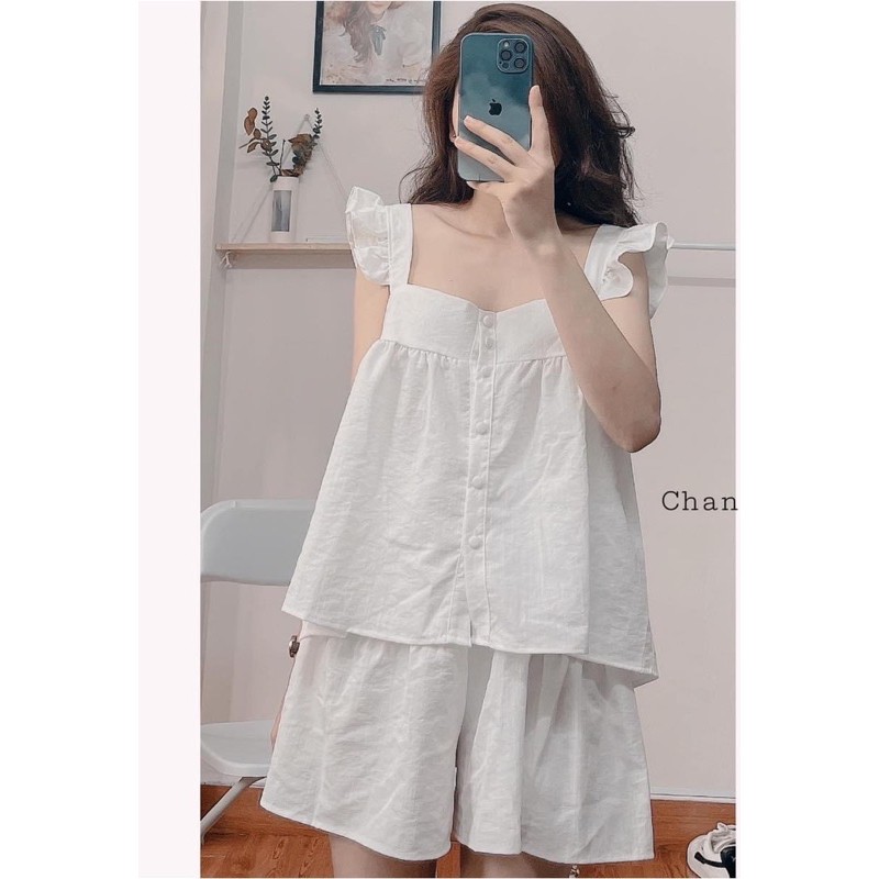 set ngủ vải đũi 2 dây viền bèo mát mẻ từ 48kg đến 55kg ( bạn nào bé thì phải cắt dây ngắn lại vẫn mặc được )