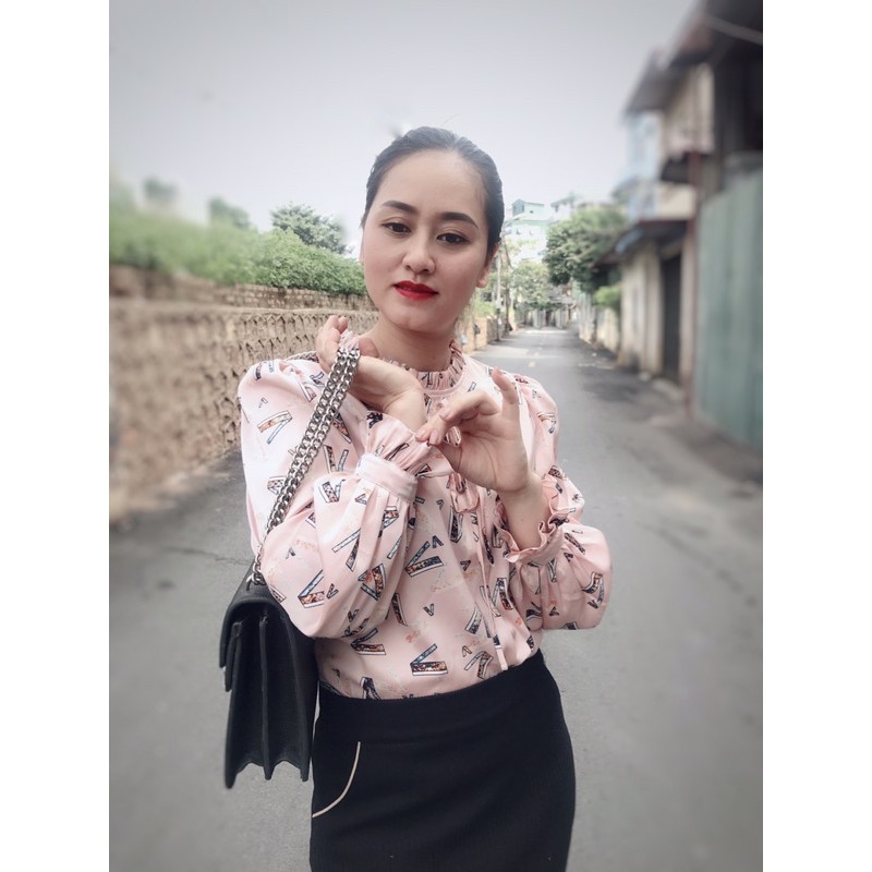 Áo sơ mi nữ cổ nơ chữ V lụa mịn Nhật màu hồng nhạt hàng thiết kế
