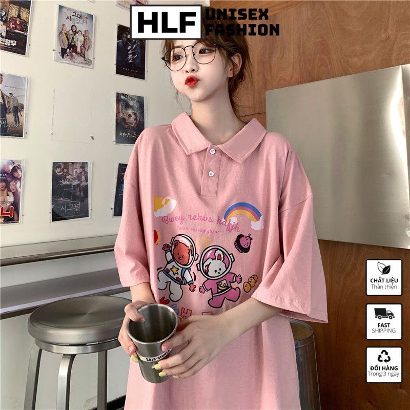 [Mã FAMARAL1 giảm 10K đơn 50K] Áo thun polo cổ trụ unisex Ulzzang Gấu và thỏ phi hành gia, áo thun có cổ HLFashion
