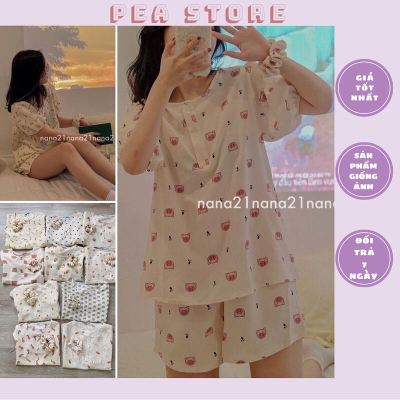 Bộ ngủ đũi xốp nhiều hình cute kèm chun buộc tóc Pea Store -Pyjama đũi xốp nhiều hình kèm chun (Ảnh thật/Sẵn)