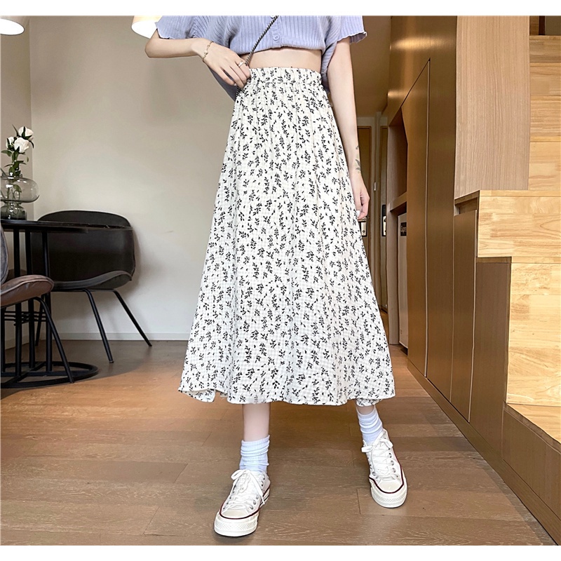 Chân Váy Chữ A Lưng Cao Họa Tiết Hoa Phong Cách Hàn Quốc