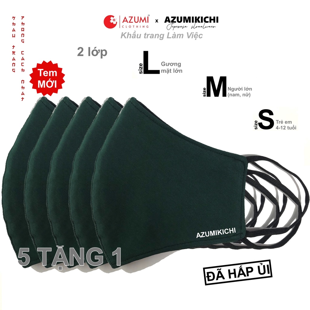 Khẩu trang vải cotton 5 tặng 1 Màu Lính Azumikichi, khau trang 3D 2 lớp đeo làm việc văn phòng công sở A6