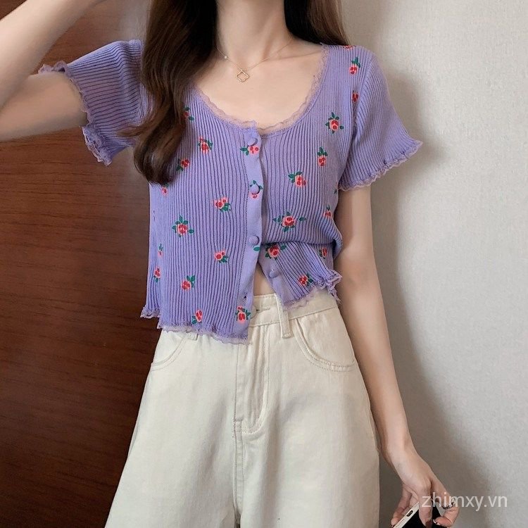 Áo Thun Tay Ngắn Phối Ren Hoa Do Dower Phong Cách Vintage