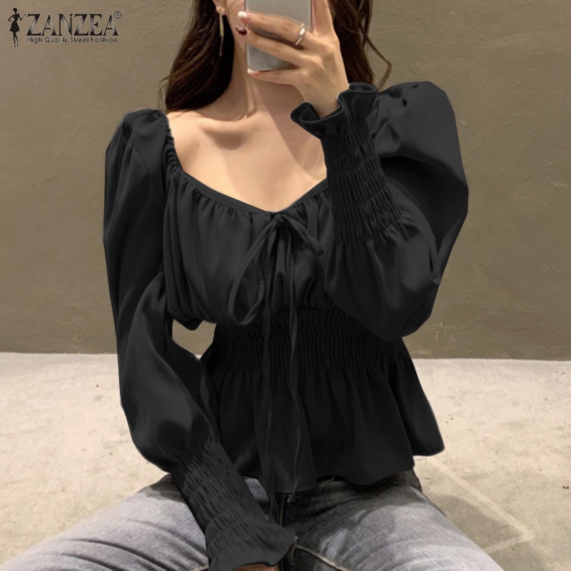 Áo kiểu ZANZEA tay dài loe xếp li lưng thun thời trang cho nữ
