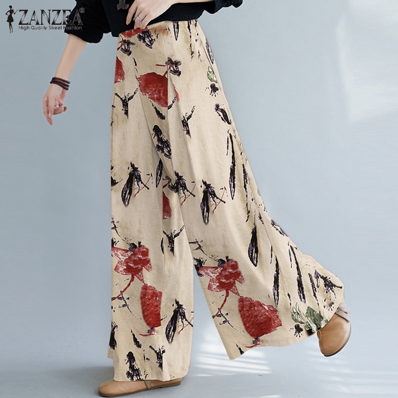 Quần dài ZANZEA họa tiết hoa có túi bên hông co giãn ống rộng phong cách đơn giản cho nữ